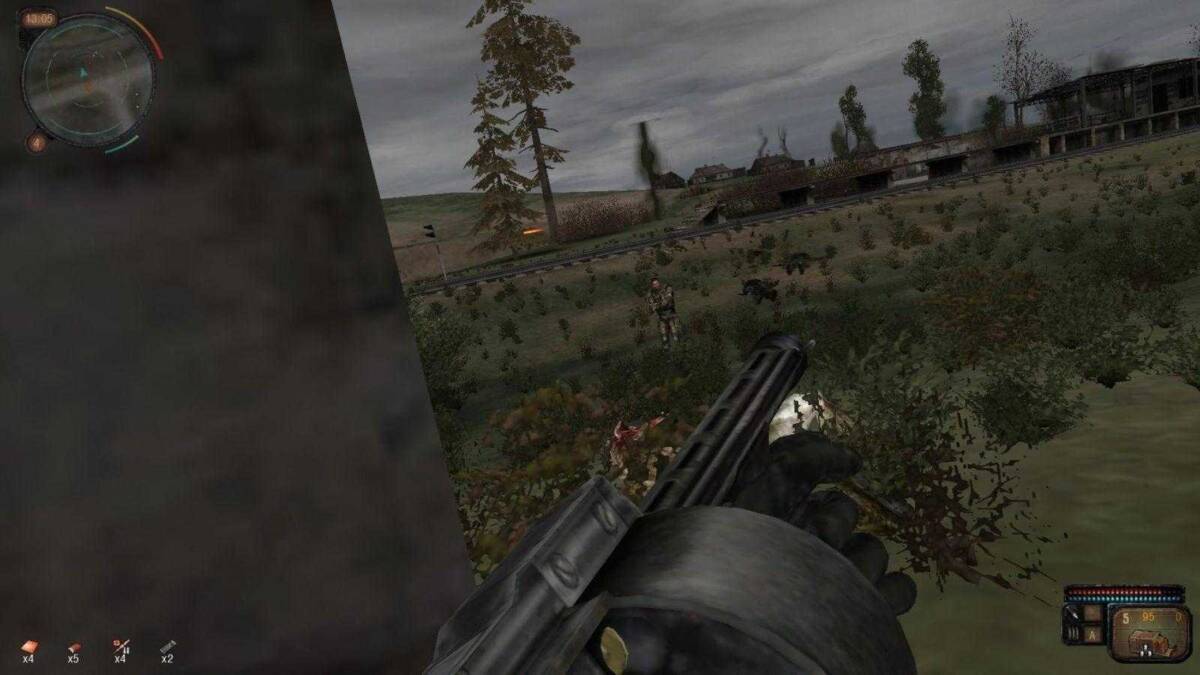 Видение от первого лица на игровой PS4 игровой сцене с автоматическим оружием и зомби на заднем плане