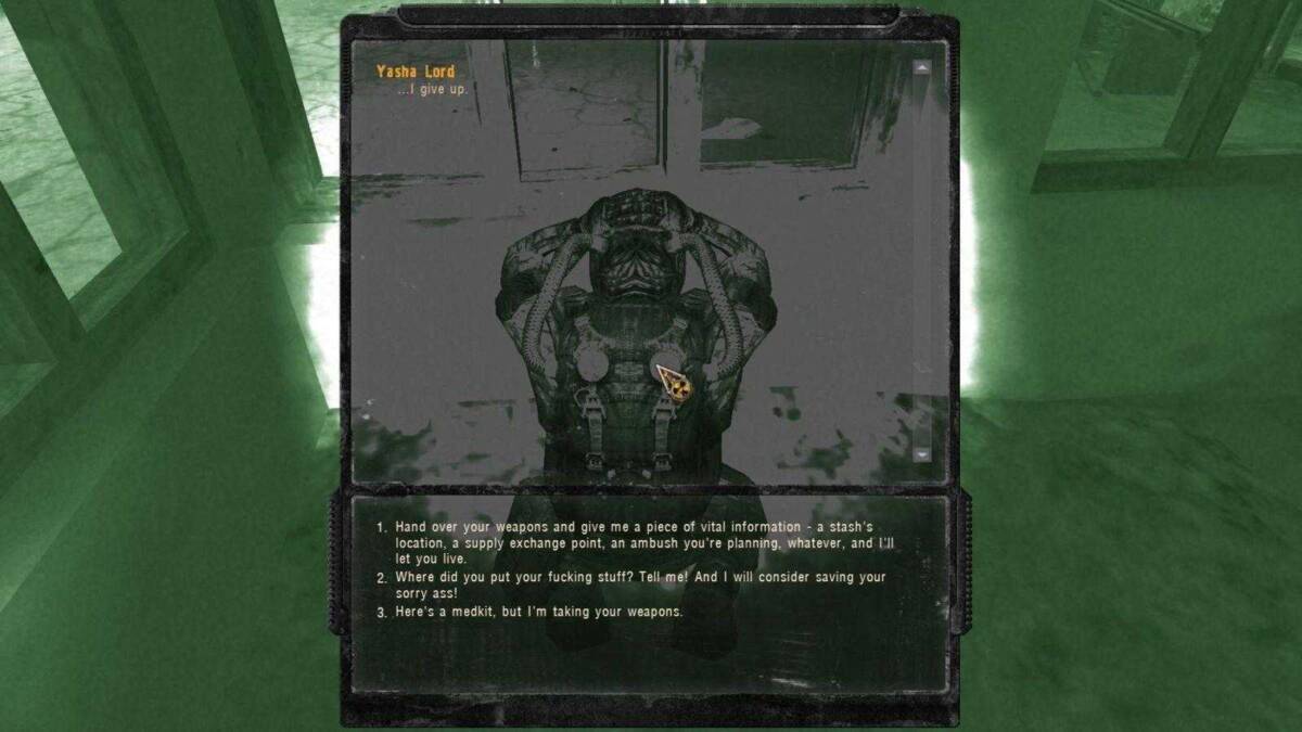 Экран в игре S.T.A.L.K.E.R. Call of Chernobyl с диалоговым интерфейсом