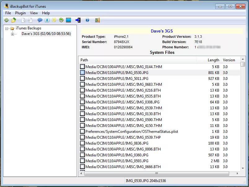Экран программы iBackupBot для iTunes с отображением файлов и фотографий на устройстве iPhone 2,1