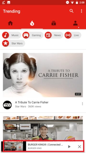 New floating bar on bottom of YouTube includes Play or Pause options...