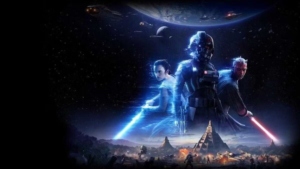 Планета из игры Star Wars Battlefront II с боями и космическими кораблями