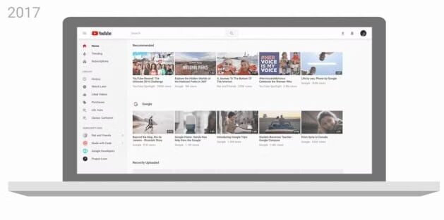 Экран ноутбука с обновленным интерфейсом YouTube на сайте и приложениях