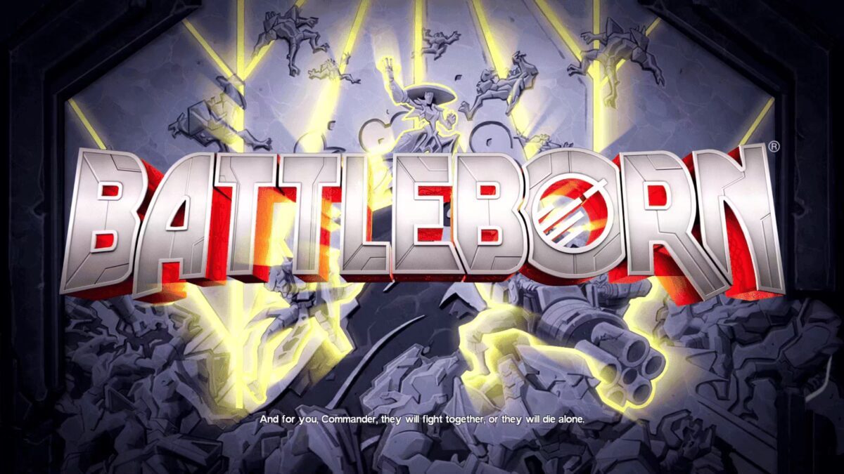 Логотип игры Battleborn на фоне боевого сцены с электрикой и оружием