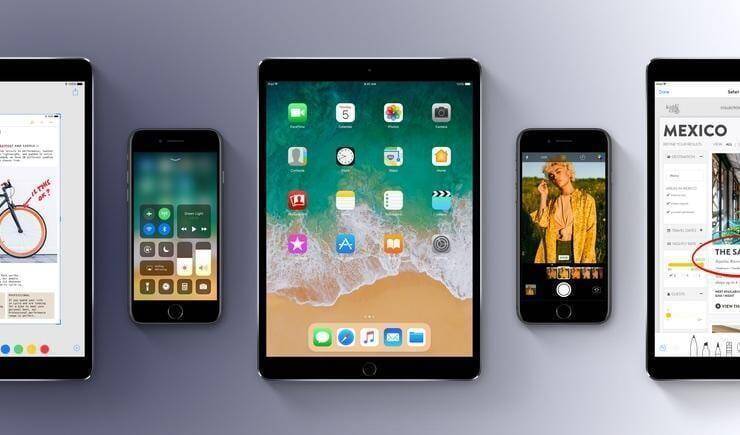 Множественные устройства Apple на сером фоне планшет iPad и смартфоны iPhone