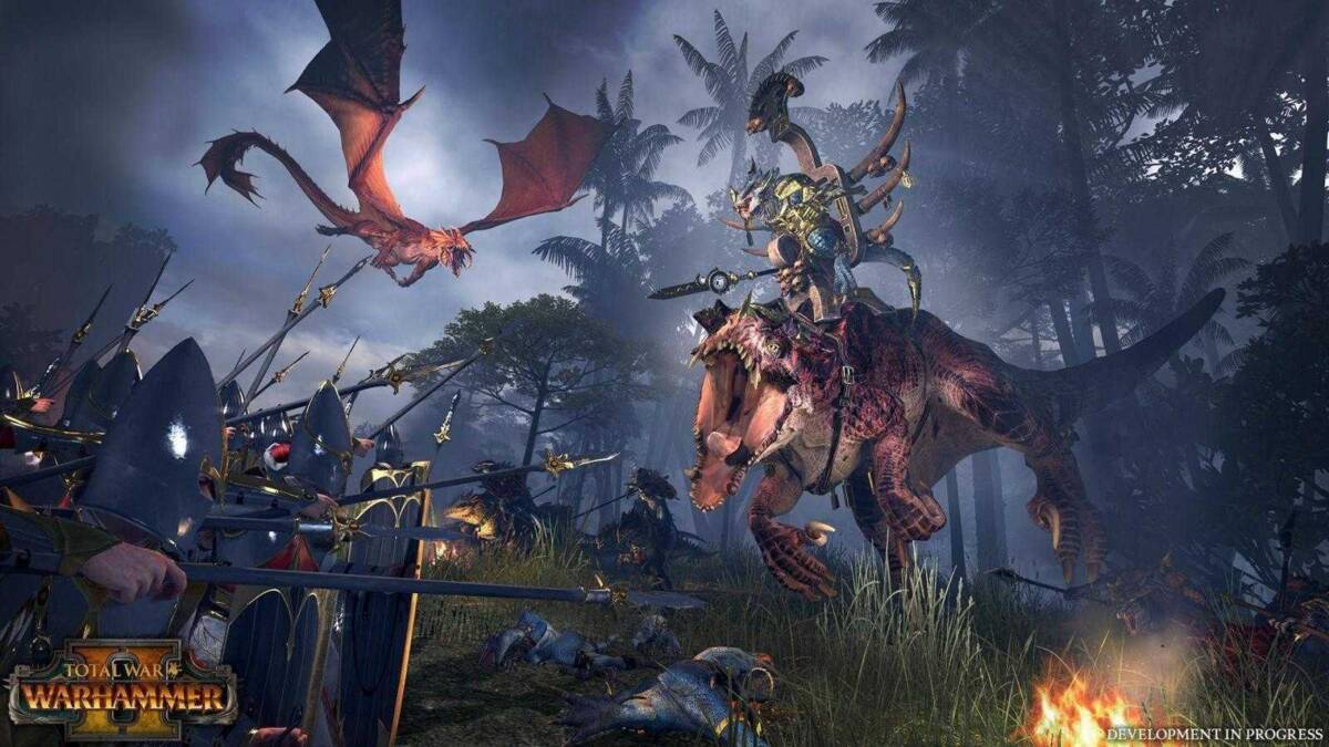Защиту Denuvo взломали в рекордные сроки 3 Игровая сцена в игре Total War Warhammer 3 с боевыми драконом и гигантскими летающими существами в джунглях
