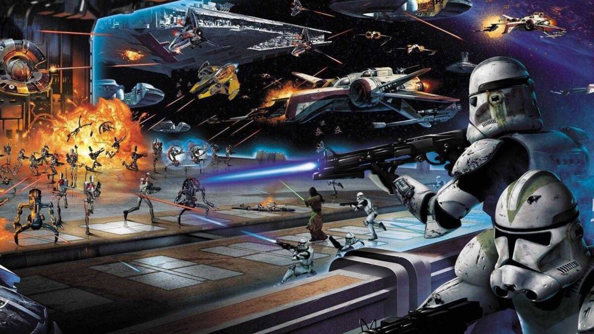 Космический бой на звездных кораблях с штурмовиками и треками из Star Wars Battlefront 2