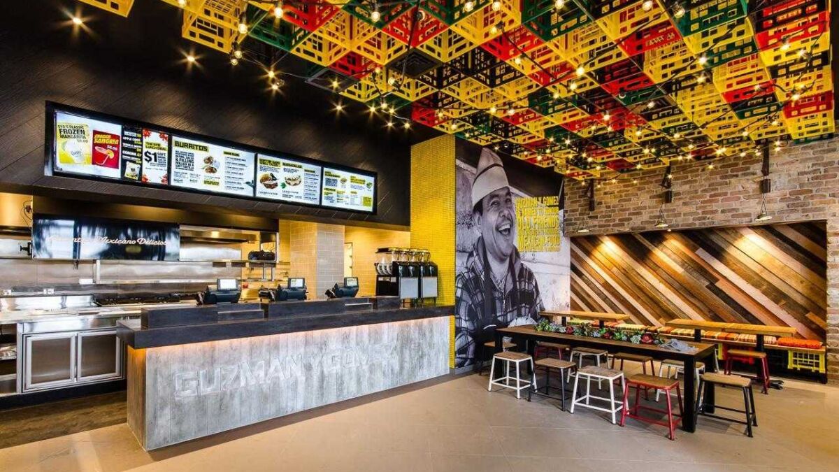 Дизайн интерьера ресторана с ярким потолком и крупным фото шеф-повара