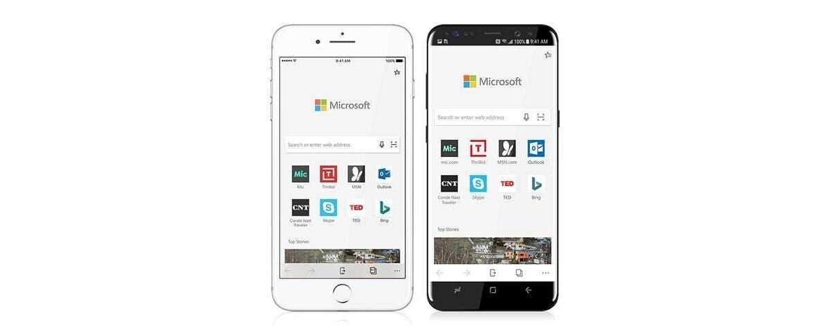 Смартфоны iPhone и Samsung с интерфейсом браузера Microsoft