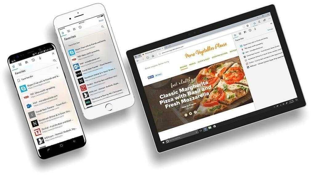 Смартфон и планшет с открытыми браузерами Microsoft Edge и интерфейсами
