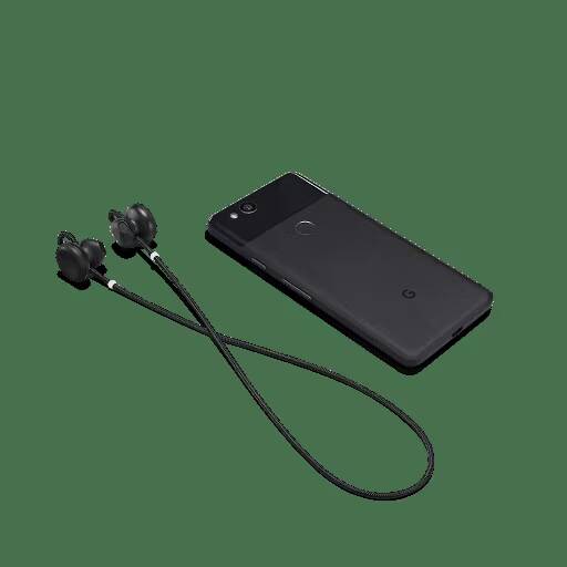 Pixel Buds. Наушники Google c переводчиком 1 Черные проводные наушники Google Pixel Buds и смартфон Google Pixel задняя сторона