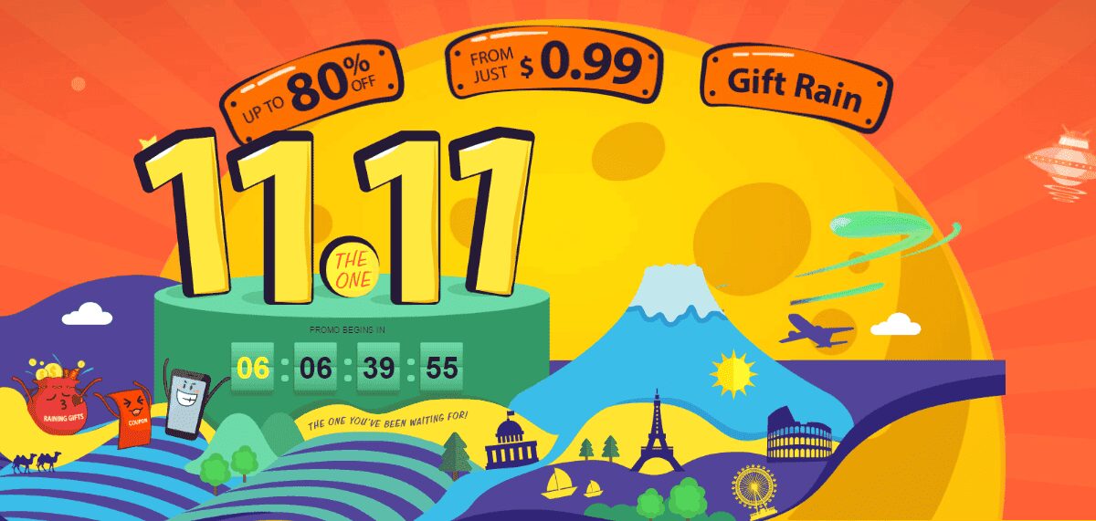 Яркая рекламная графика распродажи 11.11 с изображением горы Эверест и самолетов