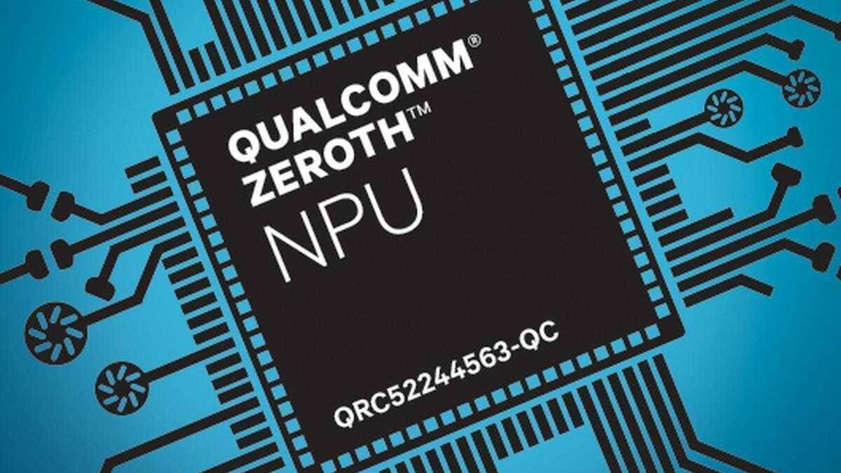 Чип Qualcomm NPU на синем фоне с черными линиями схемы