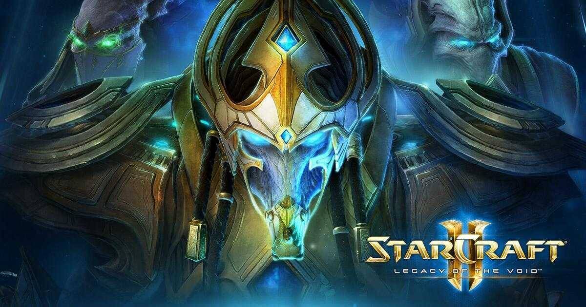 Обложка игры StarCraft II Легаси оф де Войт синий зооморфный персонаж в броне и фоны с тенями и световыми эффектами