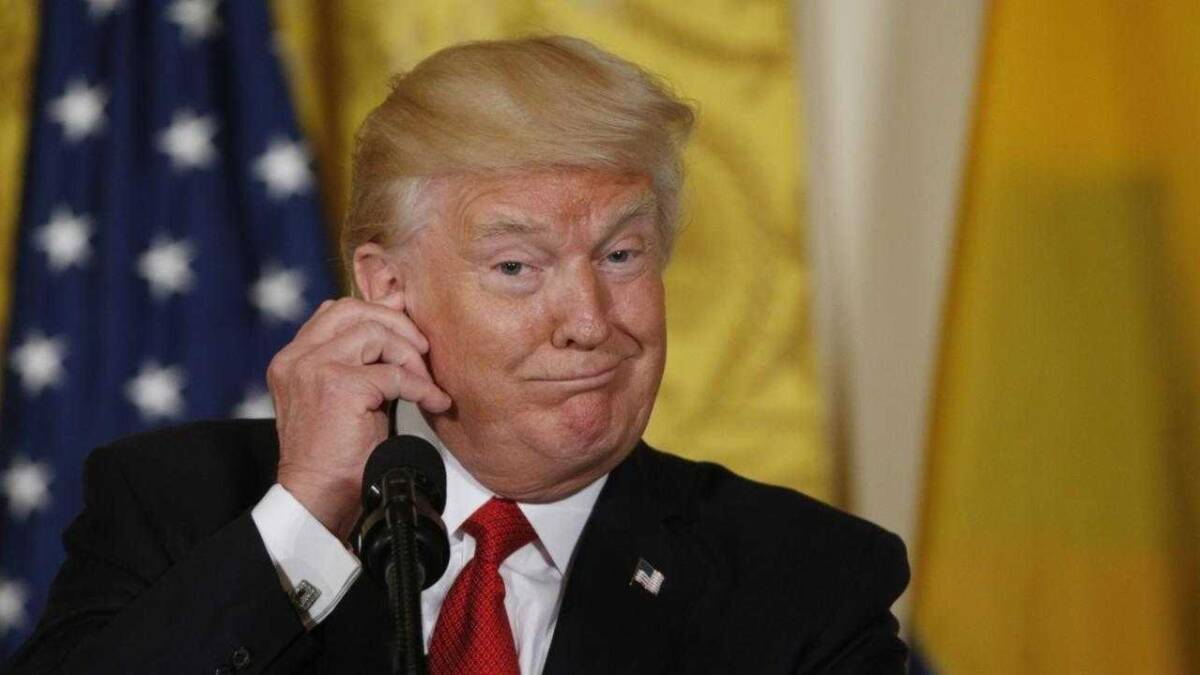 Запечатленный Дональд Трамп с поднявшейся рукой и выражением лица на пресс-конференции