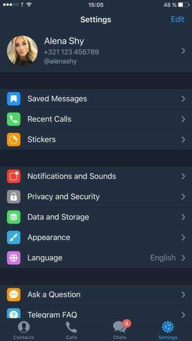 Telegram выпустил альтернативный клиент для iOS 7 Настройки приложения Telegram на iPhone с отображением профиля пользователя