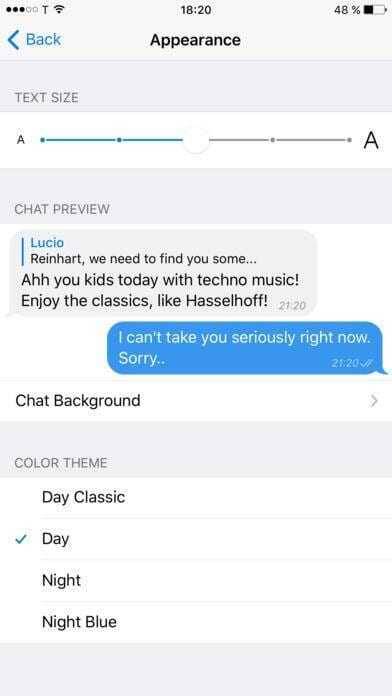 Telegram выпустил альтернативный клиент для iOS 8 Настройки интерфейса Telegram для iOS с выбором темы и изменение размера текста