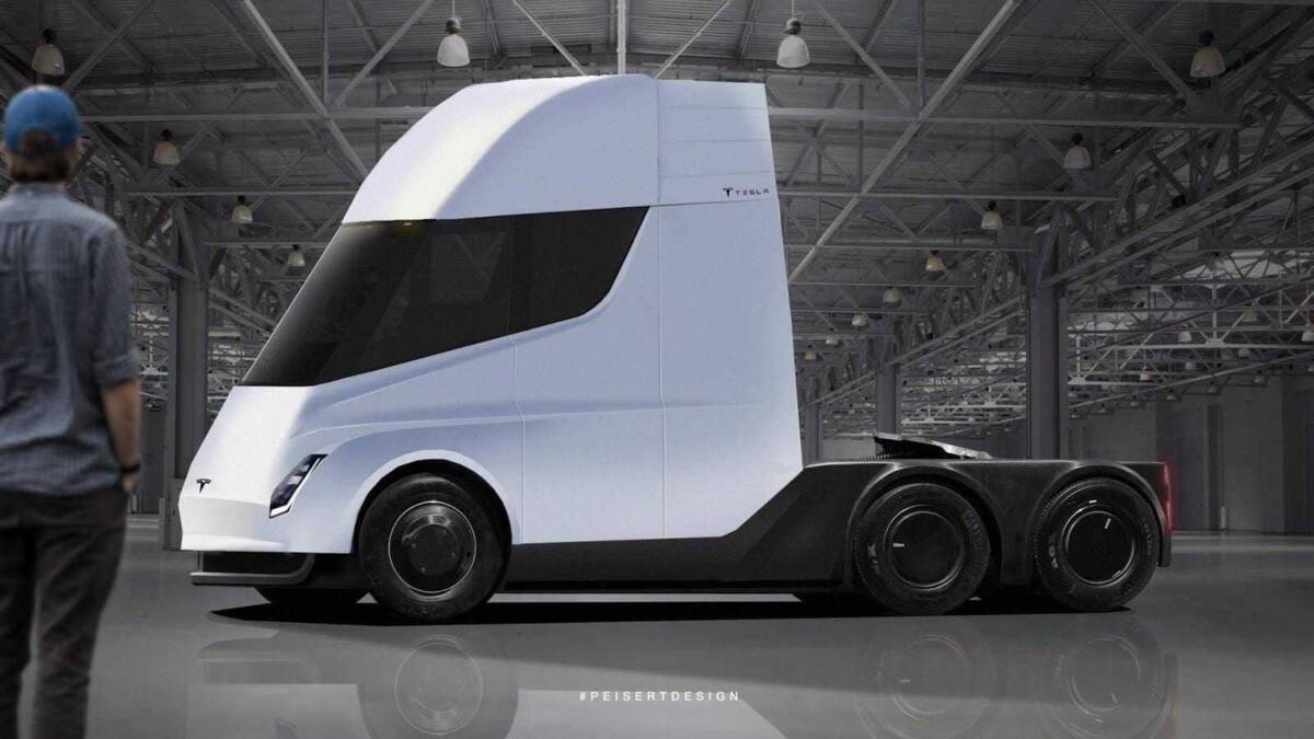 Грузовик Tesla Semi в выставочном зале с современным дизайном
