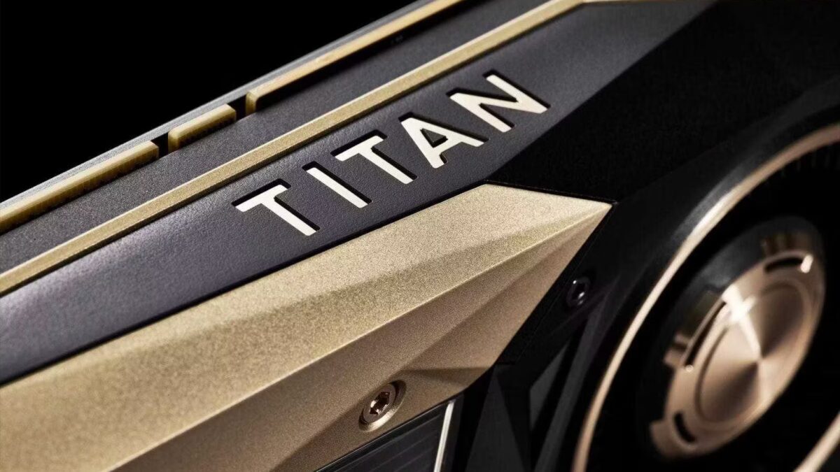 Ближайший вид графической видеокарты Nvidia Titan V золотого цвета