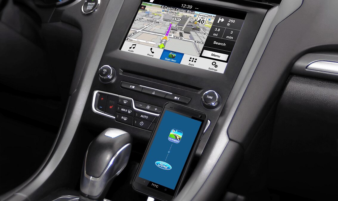 Экран навигатора Sygic и смартфон с приложением Ford