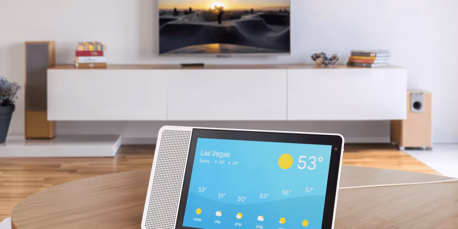 10 inch Lenovo Smart Display showing the weather