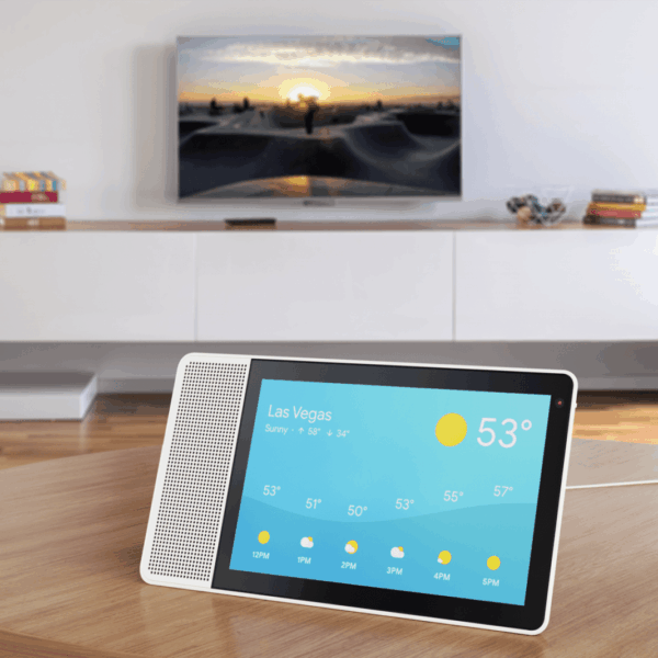 10 inch Lenovo Smart Display showing the weather