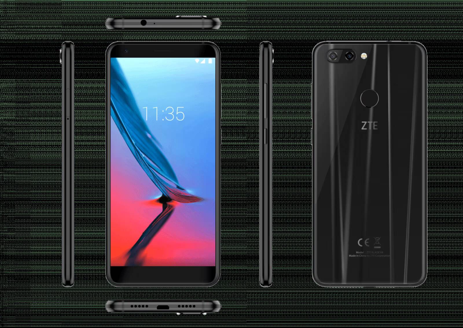 Черный смартфон ZTE Blade V9 с фронтальным экраном и боковыми панелями