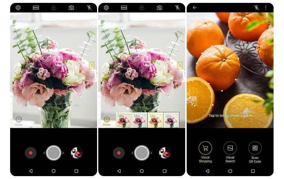 Камера LG V30 отображает цветочную композицию с интерфейсом съемки