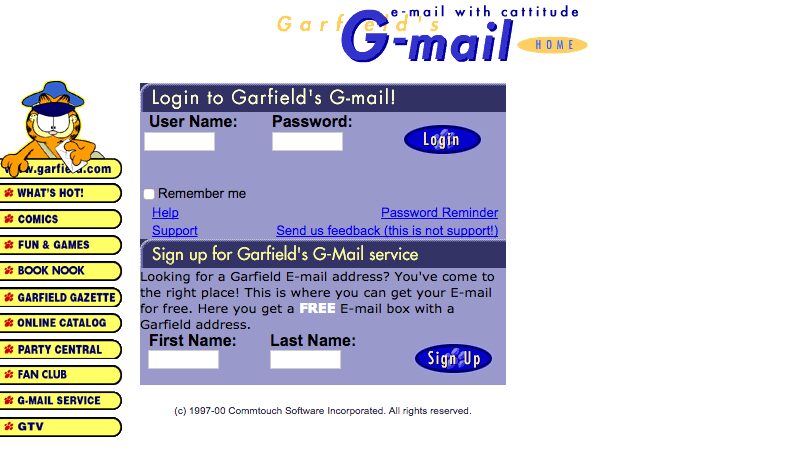Старая веб-страница Gmail с логотипом Гарфилда и формой входа