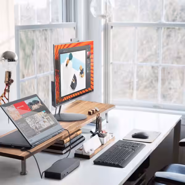 03 X1 YOGA Still Life Home Office Stand mode connected to a display with dock