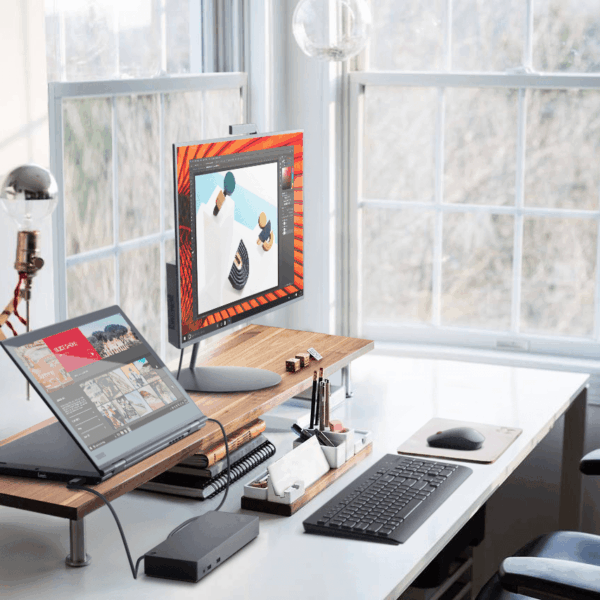 03 X1 YOGA Still Life Home Office Stand mode connected to a display with dock