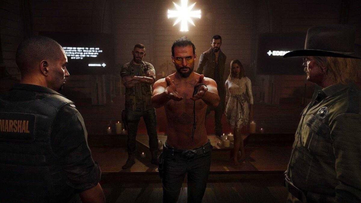 Группа персонажей из игры Far Cry 5 в помещении