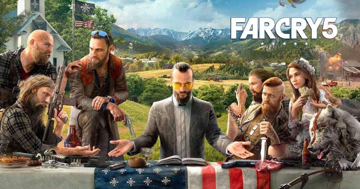 Обложка игры Far Cry 5 с персонажами и пейзажем