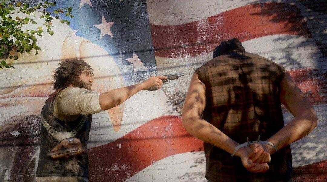 Far Cry 5 уверенно бьет рекорды 7 Уличное граффити с изображением сцены из Far Cry 5 с двумя мужчинами и американским флагом
