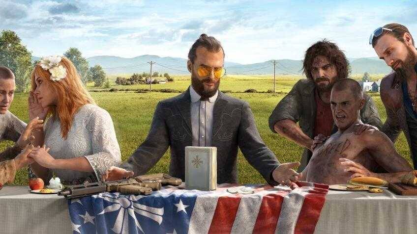 Far Cry 5 уверенно бьет рекорды 6 Группа людей за столом с американским флагом на фоне природы