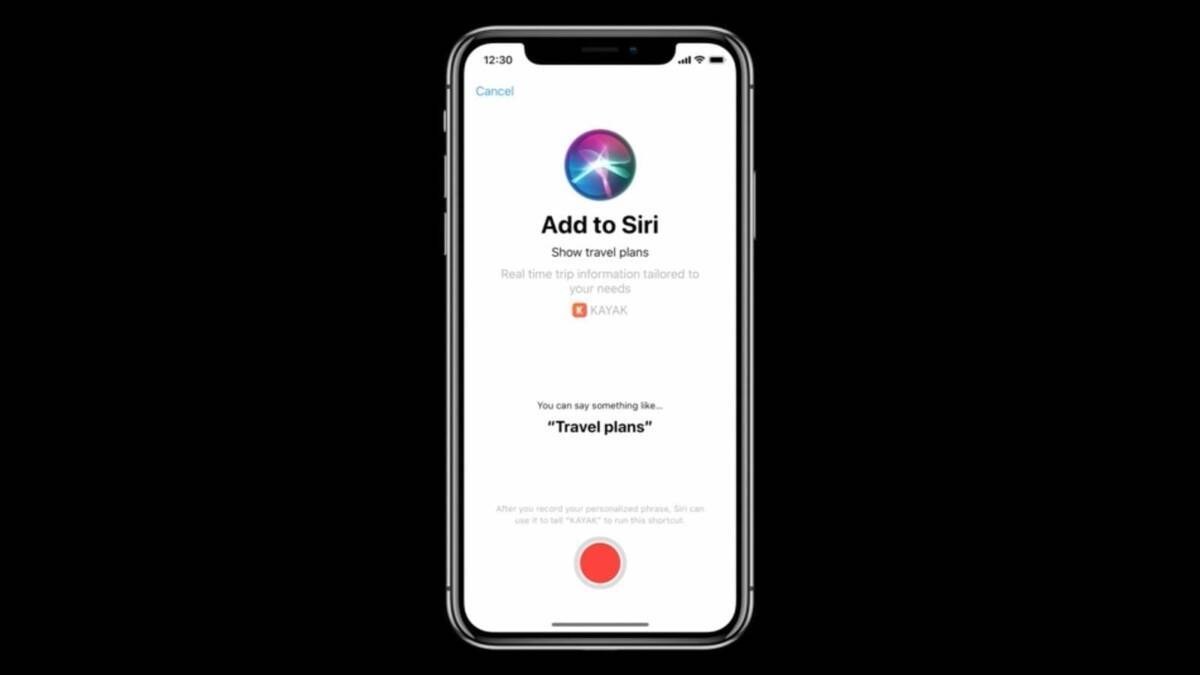 Экран iPhone с интерфейсом добавления в Siri для планов путешествий
