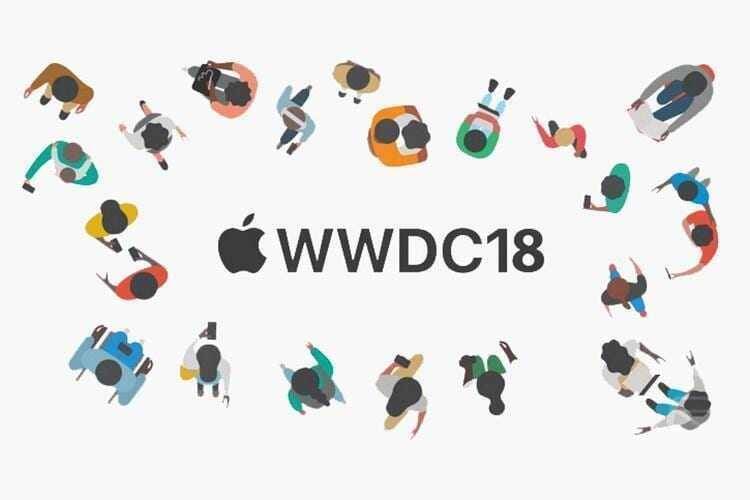 Иллюстрация с иконками людей в окружности и логотипом Apple WWDC 2018