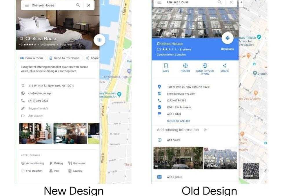 Обновлённый интерфейс Google Maps на смартфоне показан с двумя версиями дизайна карты и информационных окон