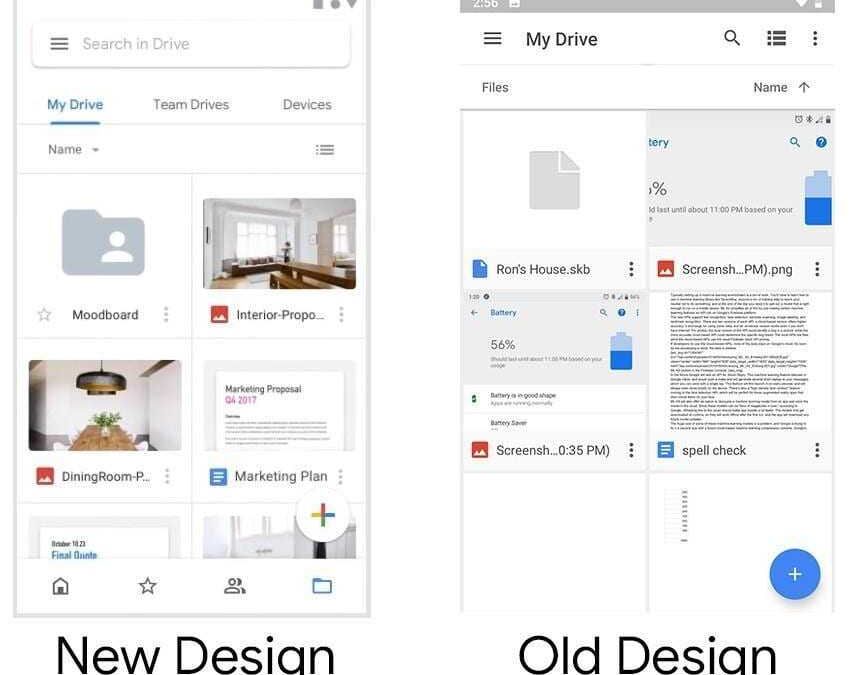 Сравнение старого и нового дизайна приложений Google на смартфоне с интерфейсами обеих версий