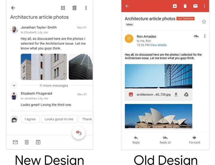 Сравнение нового и старого дизайна почтовых приложений на смартфонах