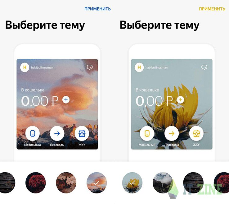 Экран приложения Яндекс.Деньги с выбором темы оформления