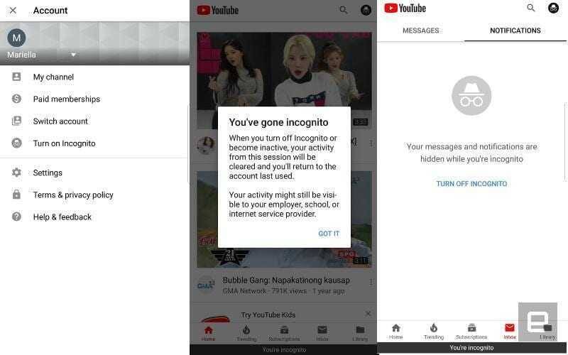 Все пользователи Android могут использовать режим инкогнито в YouTube 3 Экран мобильного устройства Android с меню аккаунта и режимом инкогнито в YouTube