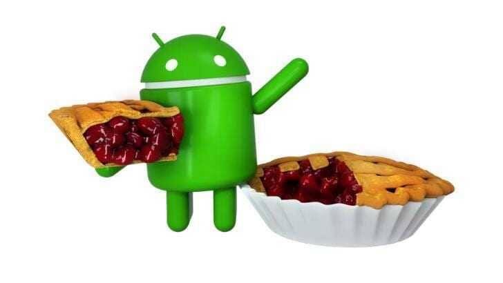 Зеленый анимированный робот с пирогами на Android 9 Pie