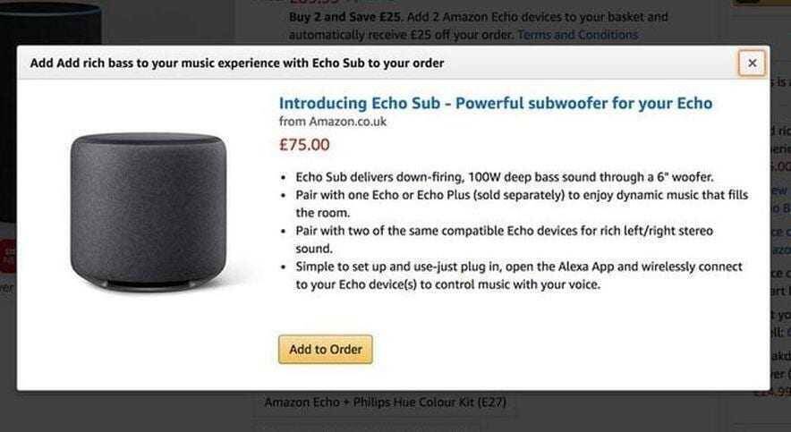Слухи: Amazon может выпустить Echo сабвуфер и умную розетку 4 Экранное окно для добавления сабвуфера Echo Sub с изображением устройства и кнопкой добавления