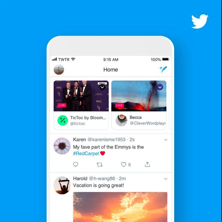 Twitter переместит прямые трансляции наверх ленты 3 Экран смартфона с интерфейсом Twitter и онлайн-твиты