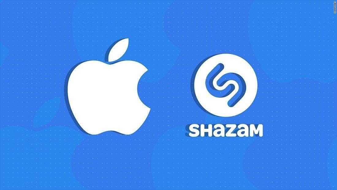Apple покупает Shazam 3 Логотип Apple и логотип Shazam на синем фоне