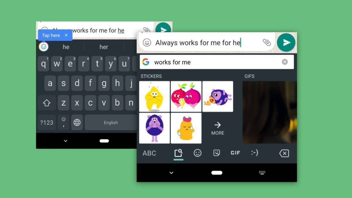 Скриншот интерфейса Google GBoard с клавиатурой и вкладкой GIF в чате