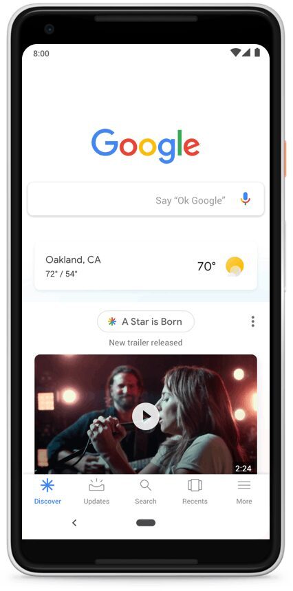 Google Feed переименован в Discover 6 Экран смартфона с интерфейсом поиска Google на главной странице