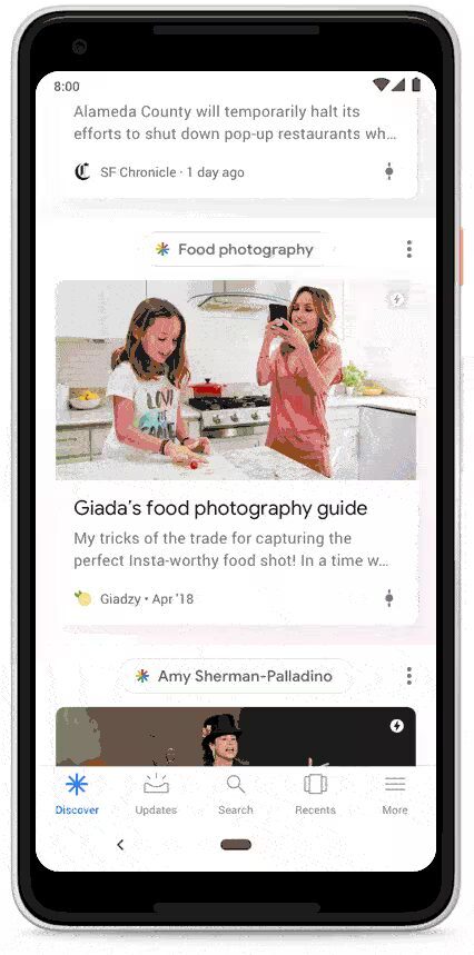 Google Feed переименован в Discover 7 Экран смартфона с приложением для поиска рецептов и фотографий еды