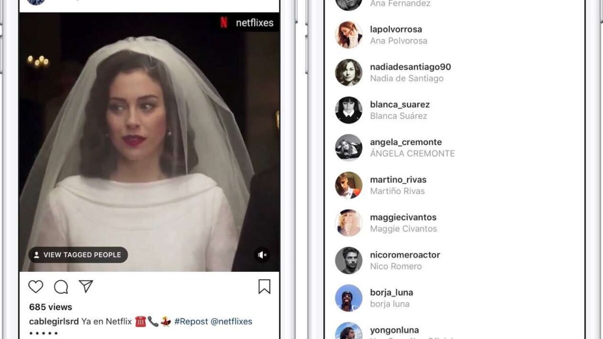 Экран iPhone демонстрирует интерфейс Instagram с видео и списком участников