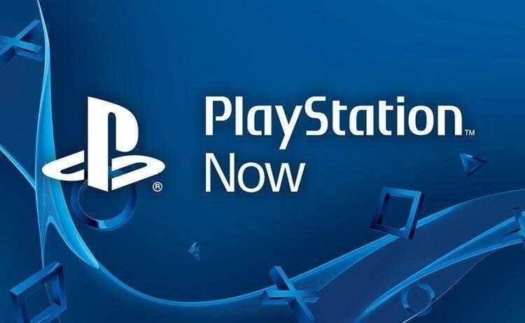 Логотип PlayStation Now на синем фоне с тремя треугольниками и квадратами